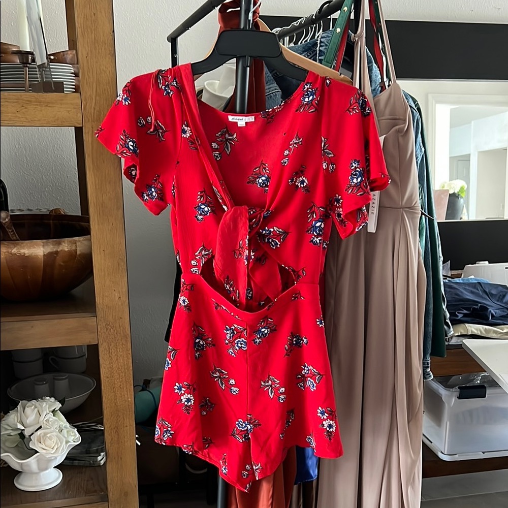 Red Floral Tie-Front Romper